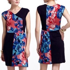 Anthropologie Silk Infused Leifsdottir Faux Wrap Color Block Floral Knit Dress M